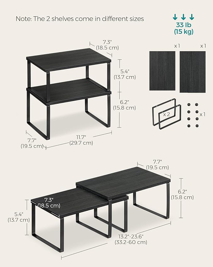 SONGMICS Cabinet Organizer Shelf, Set of 2 Kitchen Counter Shelves, Kitchen Storage, Spice Rack, Stackable, Expandable, Metal and Engineered Wood, Ink Black and Charcoal Black UKCS02B01 (Pack of 2) - Image 6