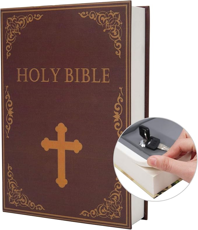 Real Paper Transfer Book Safe, Hollow with Secret Hidden Compartment, Key Lock, 8.7"×6"×2" (Bible-Key) by PACOLO