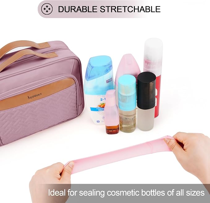 Travel Hanging Toiletry Bag for Women, Large Makeup Bag 8 Leak Proofing Silicone Bottle Covers, Waterproof Cosmetic Bag with Jewelry Organizer Compartment, Toiletries Kit Set, Purple - Image 2