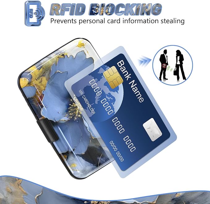 Credit Card Holder, Mini RFID Small Aluminum Card Wallet Business Card Case | Blocking Slim Metal RFID Blocking Front Pocket Wallet Hard Case Durable CC Holder for Women Girls, Blue Flowers - Image 2