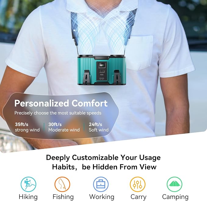 Doublepow 24000mAh Portable Waist Fan, Personal Fan, Dual Air Ducts Motors, Rechargeable Clip On Belt for Working, 10 Speeds 45H Wearable Neck Cooling, for Outdoor Work, Travel, Power Outage (Blue) - Image 7