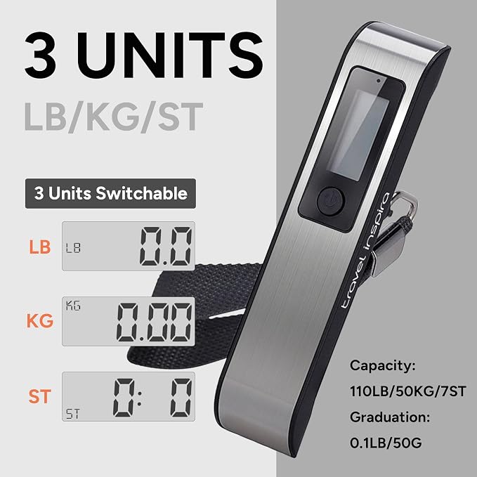 travel inspira Luggage Scale, Portable Digital Hanging Baggage Scale for Travel, Suitcase Weight Scale with Rubber Paint, 110 Pounds, Battery Included - Image 4