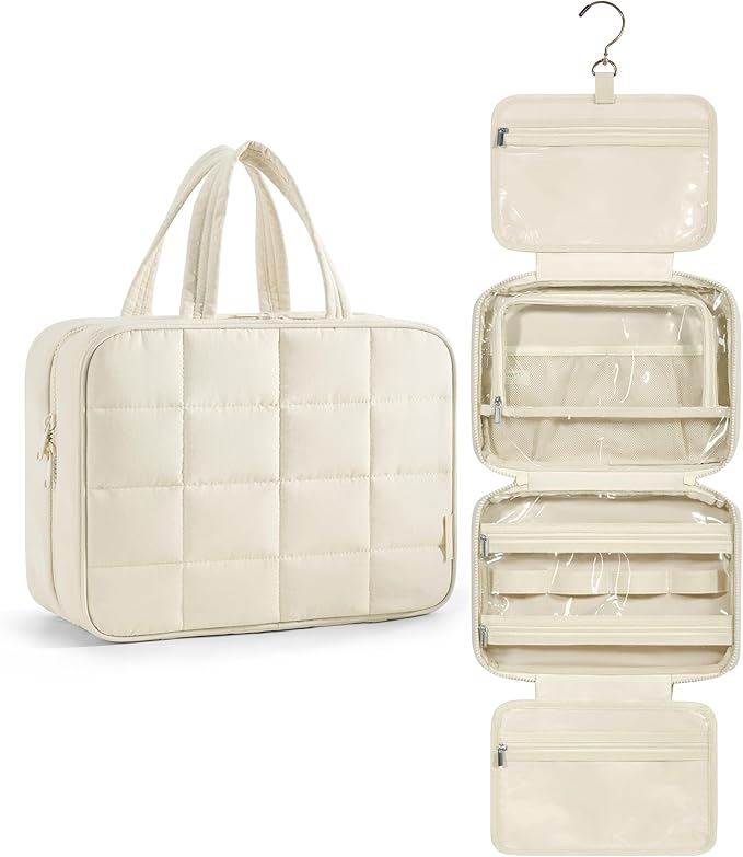 BAGSMART Travel Toiletry Bag with Jewelry Organizer, Hanging Travel Bag for Toiletries, Puffy Makeup Cosmetic Bag Organizer, Carry-on Travel Accessories Essentials, Beige-L by BAGSMART