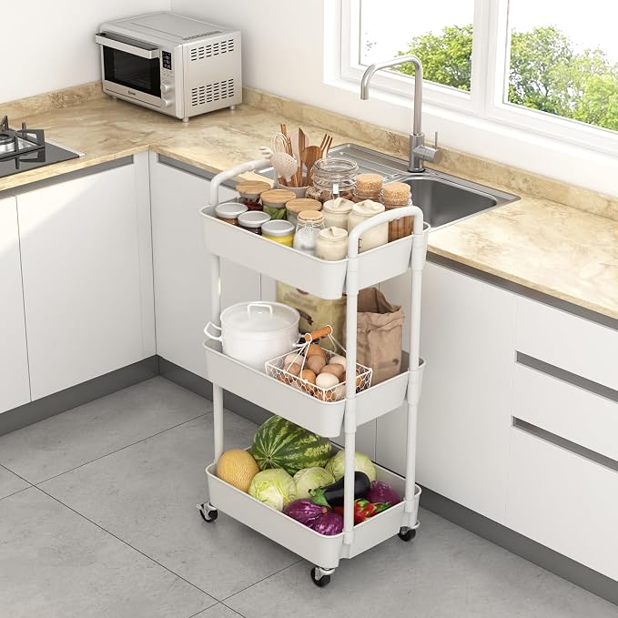 Sywhitta 3-Tier Plastic Rolling Utility Cart with Wheels for Storage,White | Multi-Functional Storage Trolley, for Office, Living Room, Kitchen, Bathroom,Movable Organizer,Space-Saving,Easy to assemble - Image 4