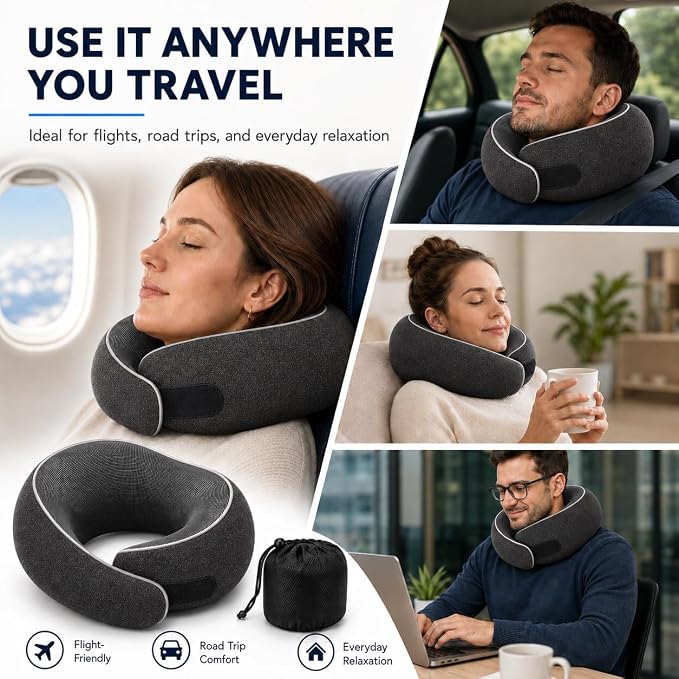 Travel Neck Pillow for Airplanes, Pure Memory Foam Neck Pillow with Washable Cover and Storage Bag, Ergonomic 360° Support for Sleeping, Car, Office, Home, Black - Image 7