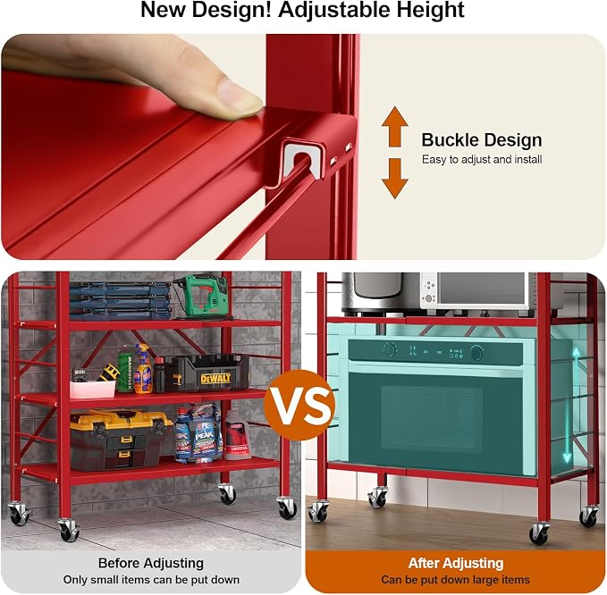 Himix 6-Tier Expandable Storage Shelves Wheels Foldable Shelf Garage Red | Folding shelving units, Metal collapsible organization, Changeable into 2 shelf units, Adjustable, Basement, Holds 3600 Ibs - Image 4