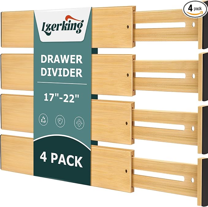 Kitchen Drawer Dividers 4 Pack Adjustable Bamboo Drawer Organizer | 17-22" Adjustable, Spring Loaded, Expandable Utensil Organizer, Works in Kitchen, Dresser, Bathroom, Bedroom, Closet by Lzerking