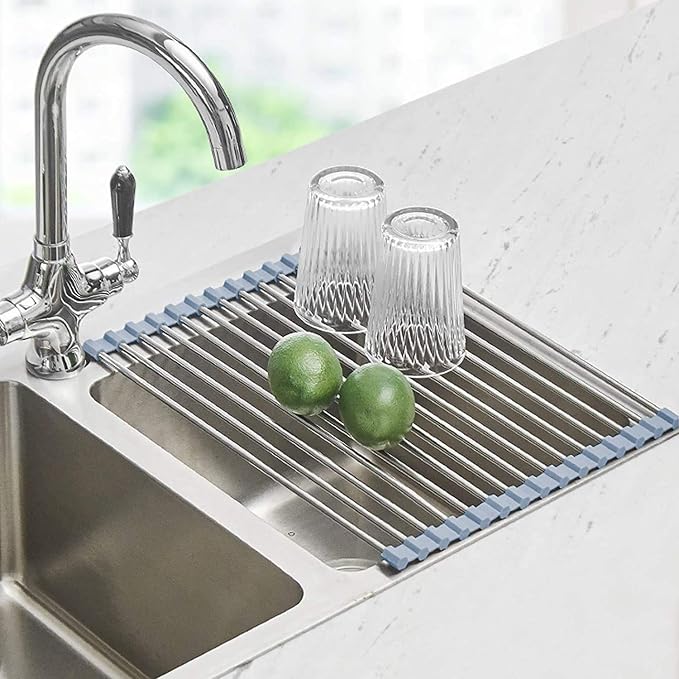 Seropy Roll Up Dish Drying Rack, Over the Sink Dish Drying Rack Kitchen Rolling Dish Drainer, Foldable Sink Rack Mat Stainless Steel Wire Dish Drying Rack for Kitchen Sink Counter Storage 17.5x11.8 by SeropyDirect