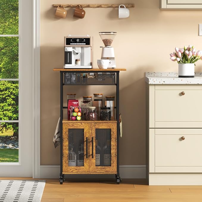 3 Tier Slim Rolling Coffee Cart with 2-Door & Pull-Out Wire Basket Drawer, Coffee Bar Cabinet on Lockable Casters, 32.7" H Microwave Cart with Storage for Home, Kitchen, Living Room (Rustic Brown) - Image 7