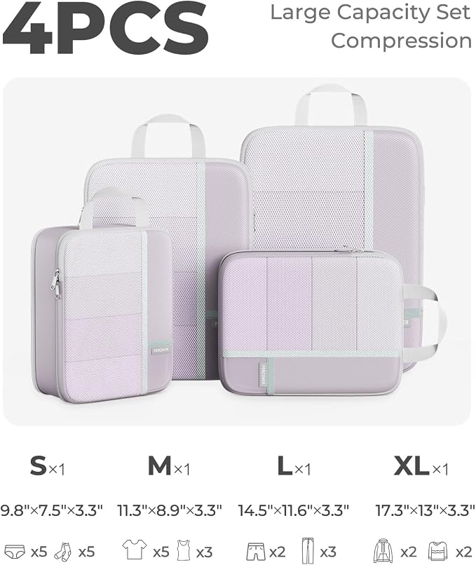 Percover Compression Packing Cubes for Travel, 4-Piece Structured Compression Organizer Set with Label Pockets for Carry-On & Checked Luggage, Purple - Image 2