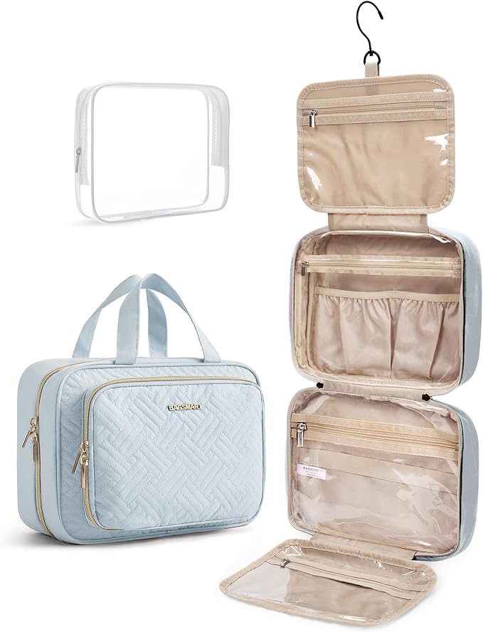 BAGSMART Toiletry Bag Hanging Travel Makeup Organizer with TSA Approved Transparent Cosmetic Bag Makeup Bag for Full Sized Toiletries, Large-Light Blue by BAGSMART