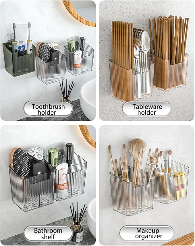 Lae Nuvole 2Pcs Storage Organizer Bins, Wall Mount Toothbrush Holder, Green | with Dividers & 4 Adhesive Pads, No Drill, Renter Friendly, BPA-Free PET; Fits Bathroom, Apartment, RVs, Cabinet/Pantry Door - Image 6