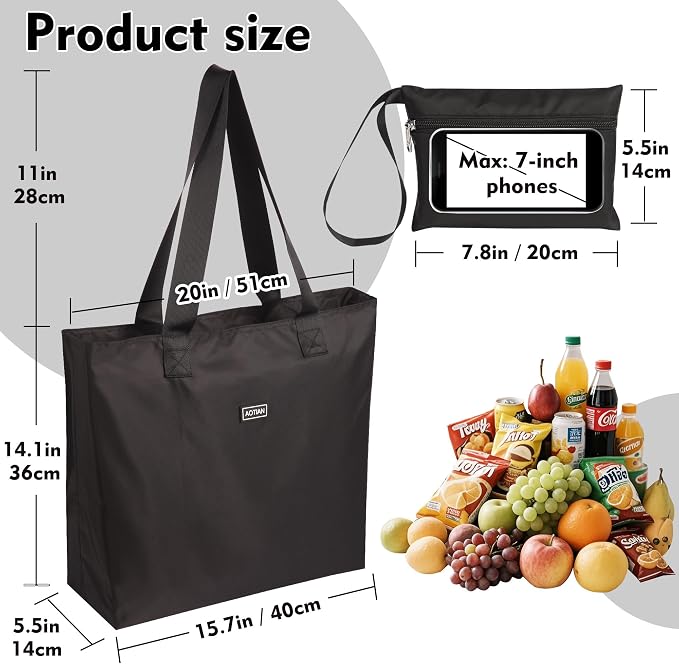 AOTIAN Reusable Grocery Bag, Foldable Shopping Tote Bag with Zipper Closure | Holds up to 50 lbs, Doubles as a phone pouch, Durable & tear-resistant. For travel, gym, beach & daily use, Machine washable - Image 3