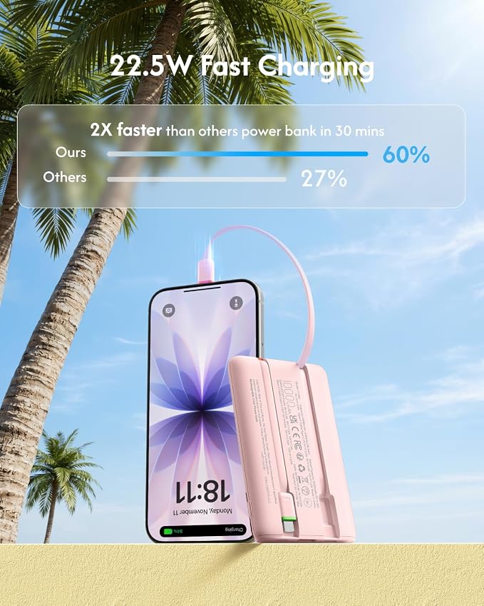 VEGER 10000mAh 22.5W Fast Charging Portable Charger with Built-in Cables | 0.4lb Slim USB C Power Bank, Small Battery Pack for iPhone 17/16/15/14/13 iPad Samsung, Flight Safe, Travel Essential, Pink - Image 3