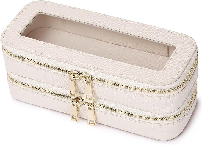 Pinkmik Double Layer Makeup Bag, Beige, Double SLIM | Makeup Brush Case, Waterproof, Travel Cosmetic & Toiletry Organizer by Pinkmik