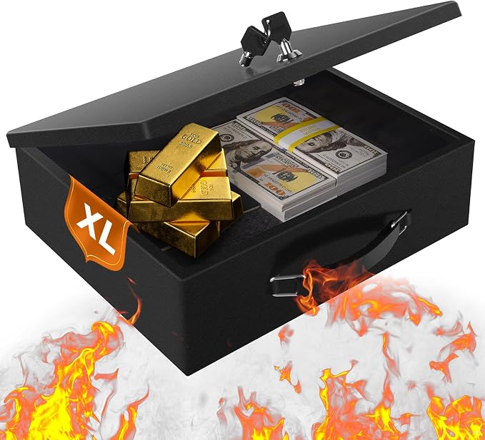 Fireproof Document Box, Fire Resistant Safe Box with Key Lock for Home, Portable Fireproof Lock Box for Personal Items, Passport, Cash, Tablet, X Large 13.2" x 11" x 4.13" by Crinwaki