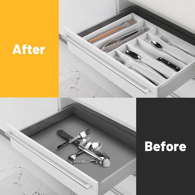 Kitchen Bamboo Silverware Organizer, Kitchen Drawer Organizer - Utensil Holder and Cutlery Tray with Grooved Drawer Dividers for Flatware 7 Slot, White - Image 4