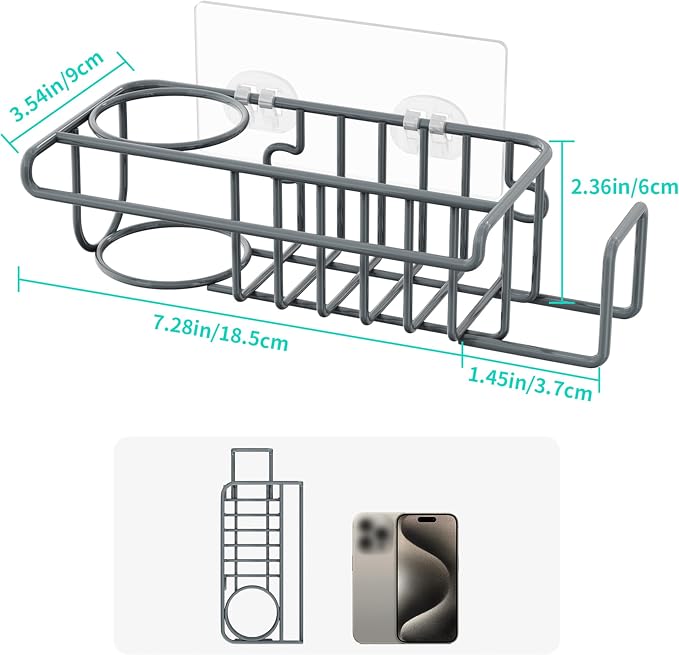 HapiRm Sink Caddy Sponge Holder - No Drill Sponge Holder for Kitchen Sink, Rustproof and Waterproof Kitchen Organizer - Grey - Image 6