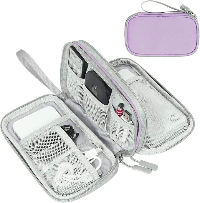FYY Electronic Organizer, Travel Tech Pouch, Cable Organizer Light Purple | Wrist Strap, Waterproof, Double Layers Portable Electronics Travel Carrying Case for Cord, Charger, Daily Business Trips Use by FYY