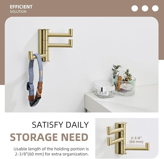 Angle Simple Towel Hook 3 Arms, Swivel Coat Wall Hook, Brushed Gold | Solid SUS304 Stainless Steel, Foldable Robe Towel Holder for Bathroom Kitchen Closet, Modern Space Saver, Screws Mounted - Image 4