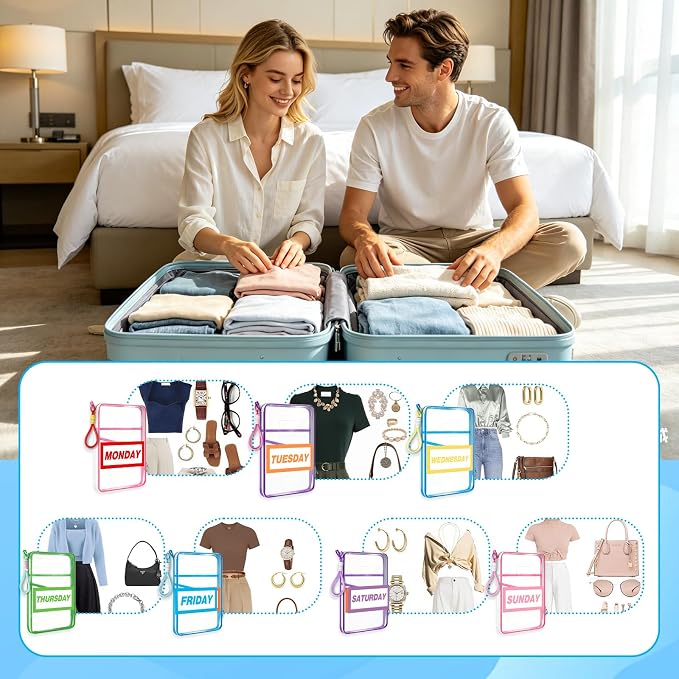 7 Pack Clear Packing Cubes for Travel Days of Week Packing Cubes with Labels Colored Lanyards Luggage Organizer Bags for Travel Summer Camping Essentials - Image 6