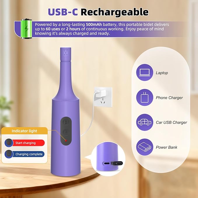 Hibbent Portable Bidet for Travel, High Pressure Electric Handheld Bidet Sprayer, 350-550ML Expandable Bottle for Personal Hygiene, USB-C Rechargeable Waterproof Sprayer for Women & Men, Purple - Image 7