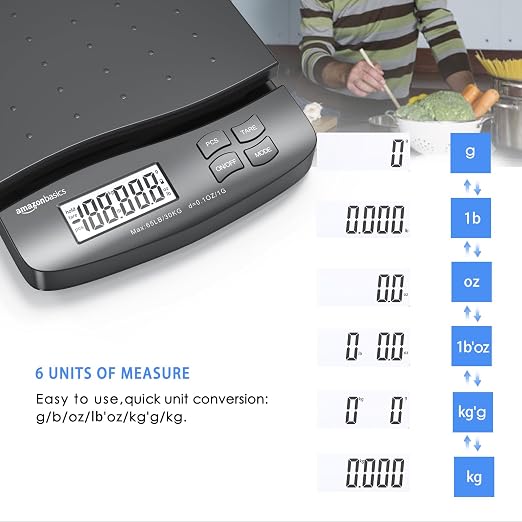 Amazon Basics Digital Postal Shipping Scale with Tare Function, AC Adapter, 65 lb Capacity, 0.1 oz Readability, LCD Display, Black - Image 3