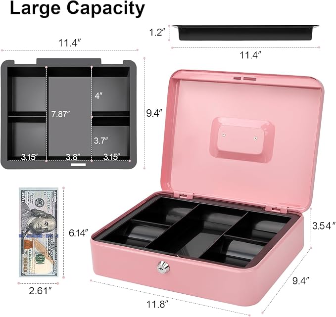 Jssmst Large Cash Box with Key Lock - Durable Metal Cash Box with Money Tray, 11.81 x 9.84 x 3.46 inches (X-Large, Pink) - Image 3