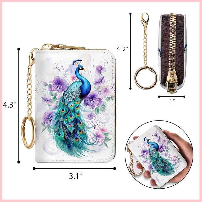 Blusabaca RFID Credit Card Holder Small Women Travel Wallet, Peacock | Removable Keychain, Case with Zipper, Vegan PU Leather, Cash Coin Pocket, Business Accordion Purse, Ladies Female Gift - Image 6