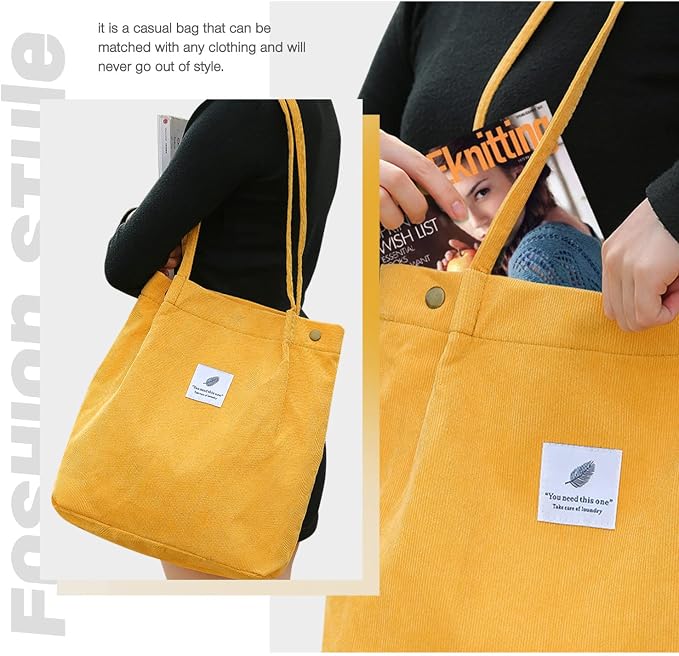 LHMTQVK Corduroy Tote Bags for Women, Large Capacity Tote Purse Reusable Grocery Shoulder Bag with Inner Pockets - Image 5
