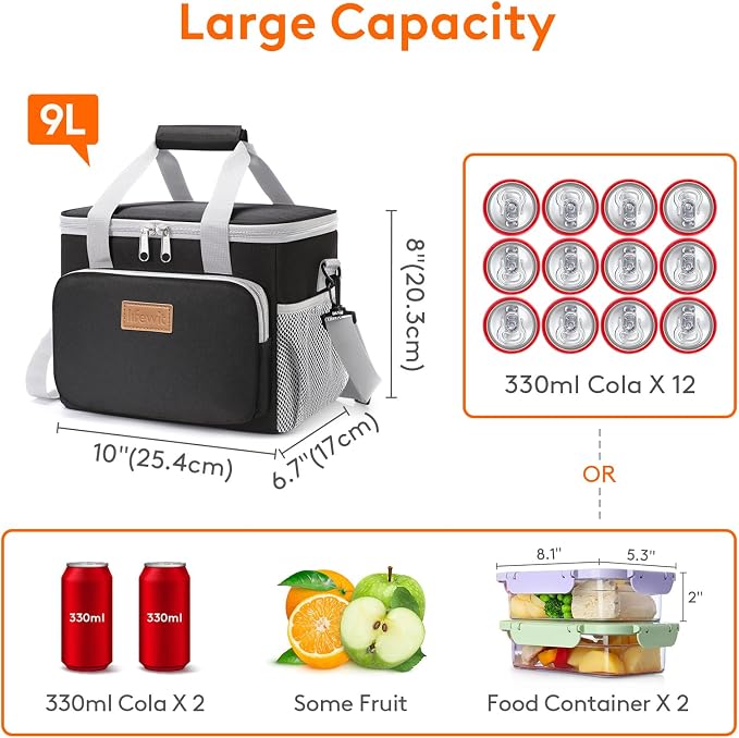 Lifewit Medium Lunch Bag, Insulated Lunch Box, Soft Cooler Cooling Tote for Adult Men Women, Gray and Black 12-Can (9L) - Image 4