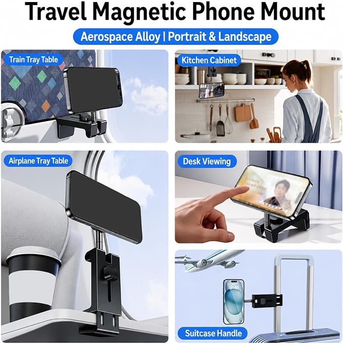 Airplane Phone Holder 360 Travel Stand | For Airplane Trains and Travel, Ultra Strong Magnetic Mount with 20 N55 Magnets, 360° Rotation, Compact for Carrying - Image 5