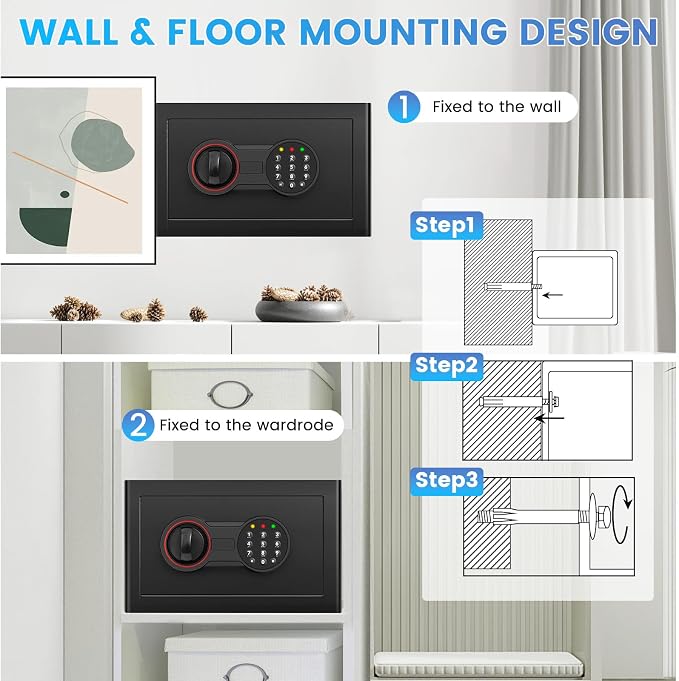 Small Safe for Home, 6.69"H Safe Box with Fireproof Waterproof Bag | Money Safe with Alarm System, Sensor LED Light, Wall/Floor Mountable, Hidden Safes for for College Dorm Room - Image 7