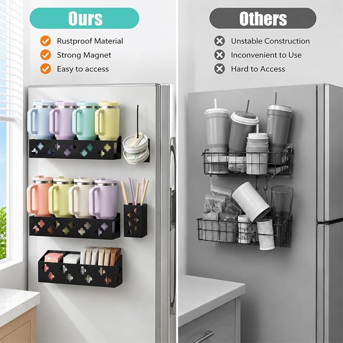 Magnetic Water Bottle Organizer for Fridge, Magnetic Cup Holder for 30 40 Oz with Tumbler Lid & Straw Organizer & Caffee Bar Holder, 8 Tumblers Kitchen Storage Rack for Cup Accessories, Space-Saving - Image 6