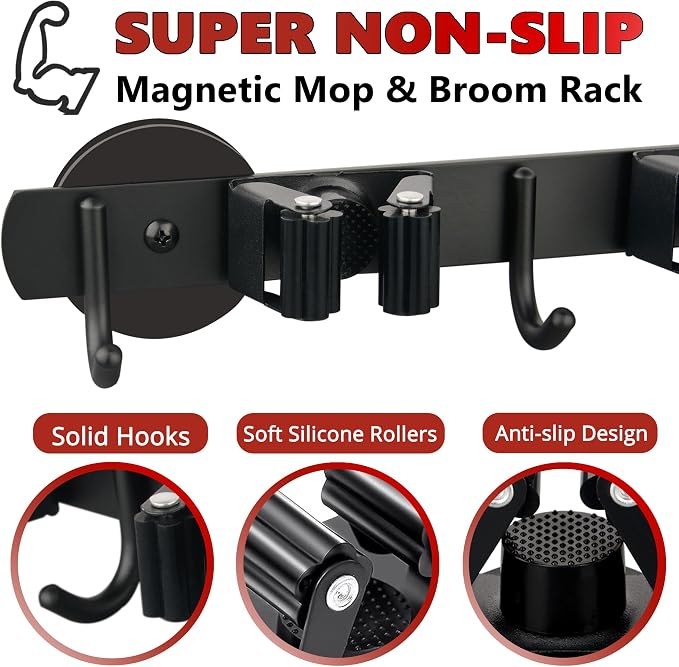 ULIBERMAGNET Magnetic Mop Broom Holder,Heavy Duty Movable Magnetic Broom Holder Rack,Anti-slip Wall Mounted Utility Storage Mop Shovel Hanger for Garage, Kitchen, Laundry, Garden(3 Racks / 4 Hooks) - Image 3