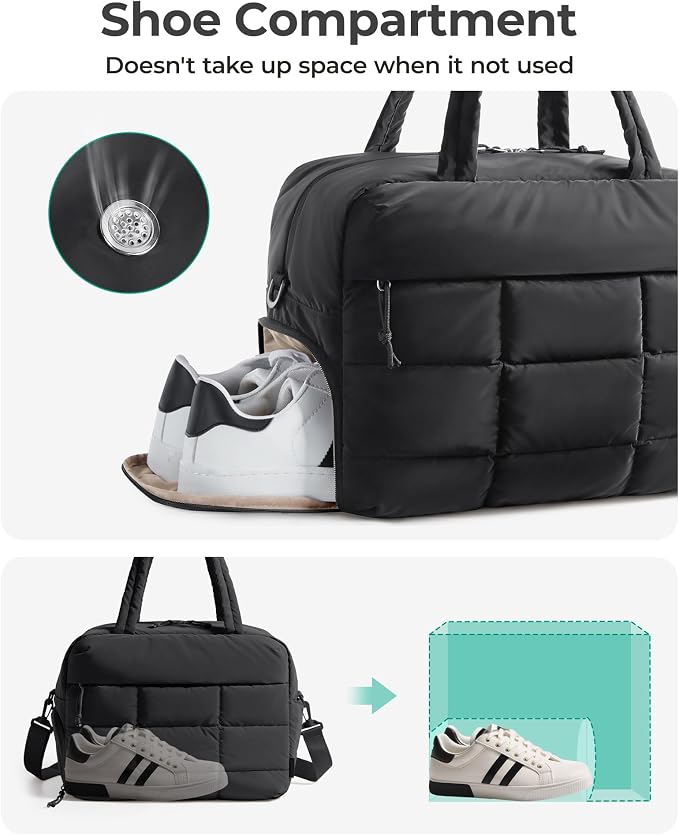 BAGSMART Gym Bag for Women, Carry on Travel Duffel Bag, Water-resistant Weekender with Shoe Compartment for Gym Travel Work, Black, Medium - Image 3