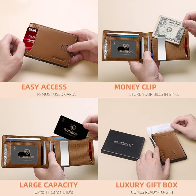 RUNBOX Slim Wallet for Men - RFID Blocking Leather Bifold with Money Clip | Minimalist Front Pocket Wallet Holds 11 Cards,Slim Thin Design,RFID Blocking Protection, Practical Birthday Gifts for Men - Image 2