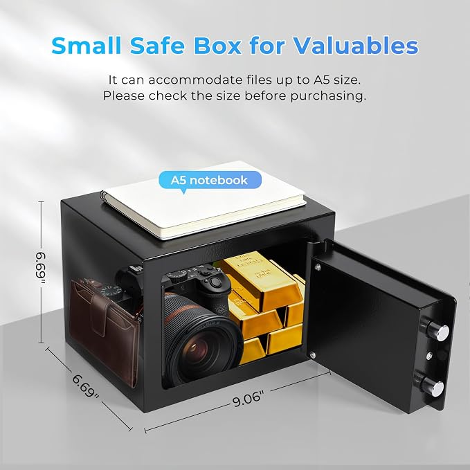 Small Safe Box for Home, Wall Safes 0.23 Cubic Feet, Heavy Duty Steel Safety Lock Box with 3 Keys for Money, Documents, Passort, Jewelry 9.06"x 6.69"x 6.69" - Image 4