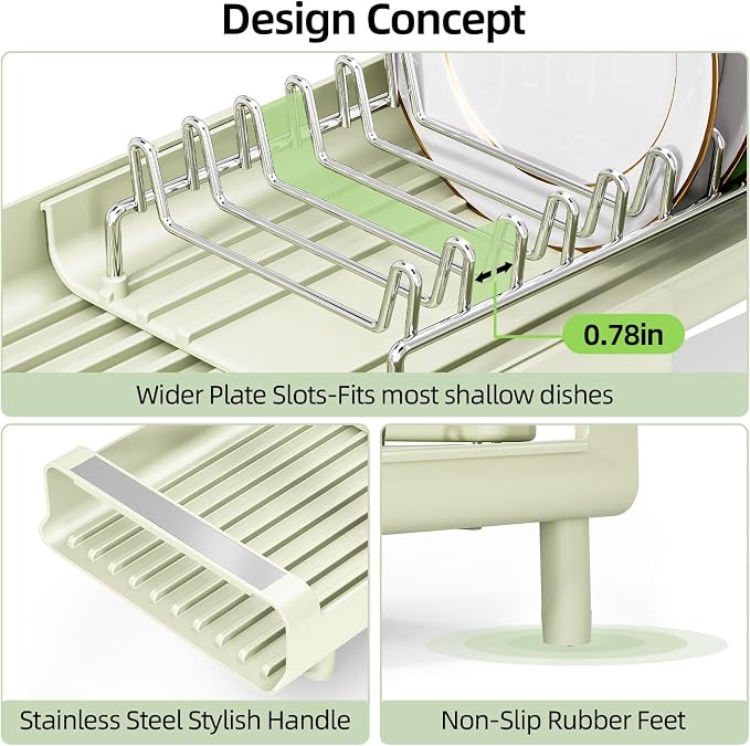 TOOLF Small Dish Drying Rack, Expandable and Space-Saving, Grayish Green | Mini Dish racks for kitchen counter, Compact Design Fits Sink or Counter, Stainless Steel Plate Rack, 11"-19.3"L×7.7"W×3.54"H - Image 4