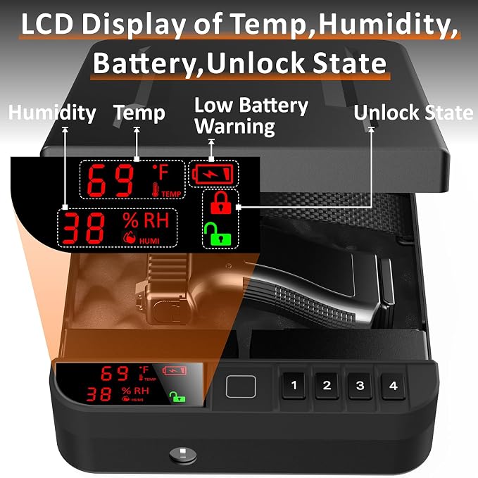 Z ZLJUAN Portable Gun Pistol Safe with LCD Display of Temp,Humidity,Biometric Fingerprint,Keypad Lock,Key,Biometric Handgun Safe for Travel/Home/Car/Nightstand Beside (Black) - Image 4