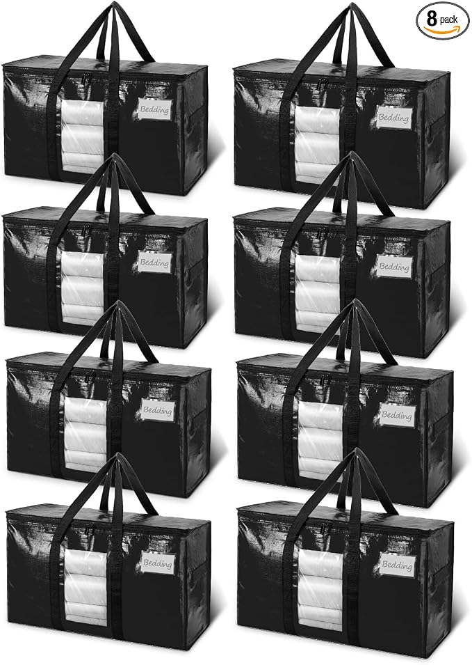 TAILI 8 Pack Black Extra Large Moving Bags,Storage Bag with Visible Window | 93L Heavy Duty Totes For Storage,Wrap Around Handles,Alternative to Moving Boxes, College Dorm,Perfect for Moving by TAILI