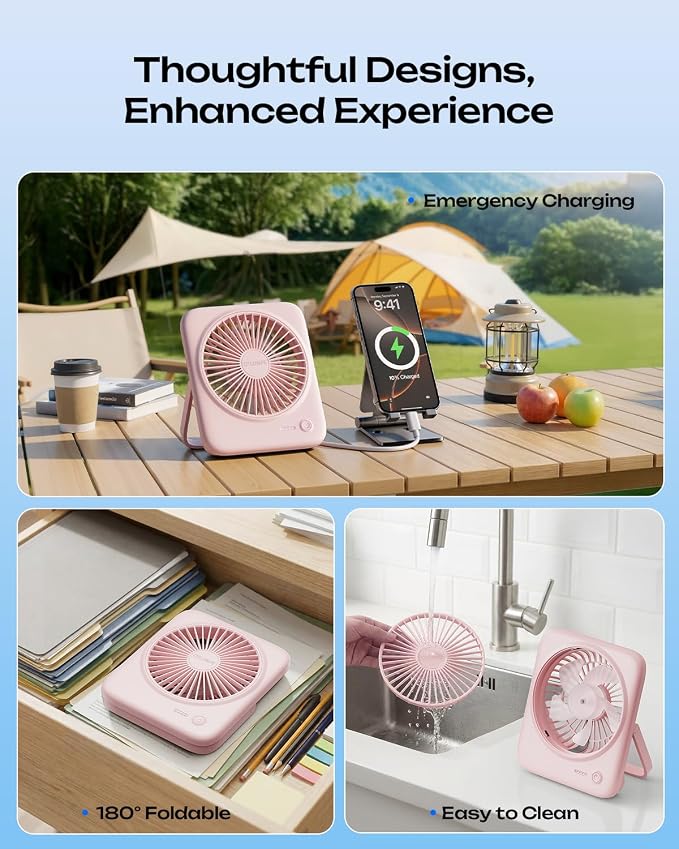 Otlonpe Personal Portable Desk Fan, 4000mAh Small Rechargeable Portable Fan Battery Operated & USB Powered for Travel Sleeping Bedroom Office Home Table, Cordless, Quiet, 4-Speed, 6.5 Inch (Pink) - Image 6