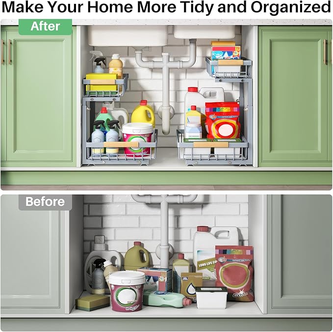 Kitstorack Under Sink Organizer, 2 Tier Under the Sink Storage, Slide out Pull out Cabinet Organizer Shelf, Metal Sliding Drawer for Kitchen Bathroom Pantry Closet Organization Rack, Grey, 2 Pack - Image 8