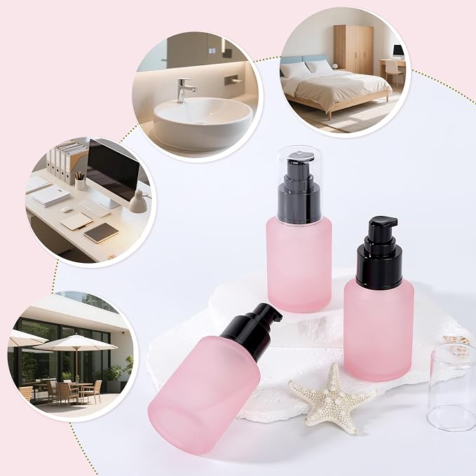 Segbeauty 2oz Frosted Glass Refillable Pump Bottles for Toiletries, 3pcs Travel Size Empty Bottles with Pumps for Foundation, 60ml Pink Travel Containers for Oils Bottle Dispenser Liquid Containers - Image 6