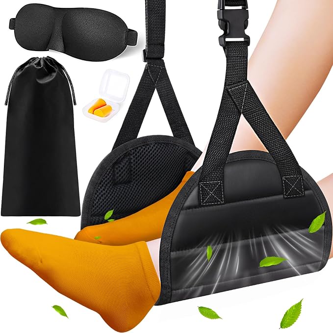 CushZone Foot Hammock Airplane Foot Rest for Train, Length Adjustable Travel Essentials with Eye Mask and Earplugs, Desk Foot Rest, Flight Essentials Airplane Foot Hammock (1 Set) by CushZone