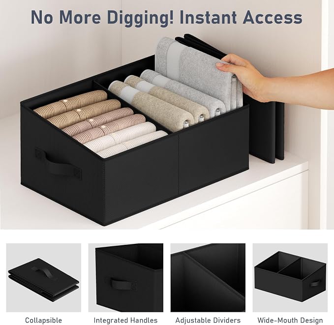 DIMJ Large Closet Shelf Organizer Bins 8 Packs with Handles and Divider, Fabric Trapezoid Storage Baskets, Foldable Clothes Containers Box for Shelf, Towel, Book, Toy, Purse, Hats, Black - Image 5