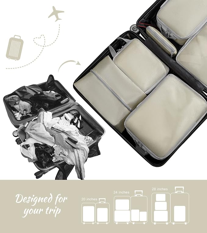WOOMADA Compression Packing Cubes for Suitcases Travel Essentials 8 Set Expandable Travel Bags Organizer for Luggage(beige) - Image 4