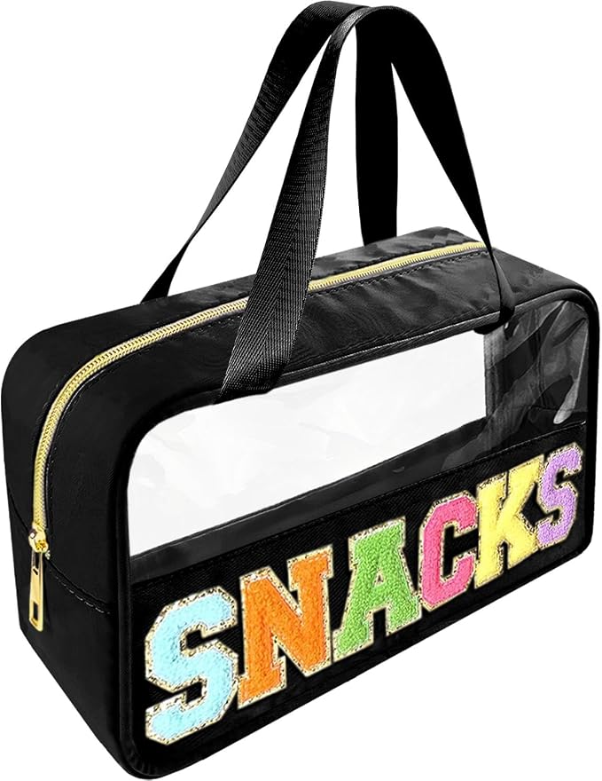 Bunliuys Chenille Letter Clear Makeup Bag Snacks Patch, Travel Toiletry Makeup Bag with Handle, Nylon Waterproof Makeup Bags clear cosmetic bag, preppy patch makeup bag for Women (SNACKS-Black) by Bunliuys