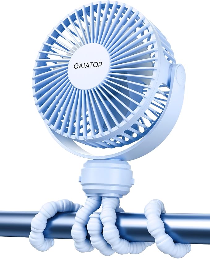 Gaiatop Mini Portable Stroller Fan, Small Clip on Fan 3 Speed Rechargeable | 360° Rotate Flexible Tripod, Battery Operated Detachable, Cooling for Car Seat Crib Treadmill Travel Blue by GAIATOP