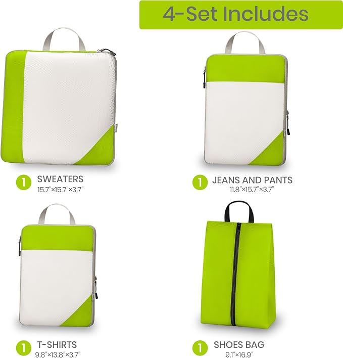 Compression Travel Packing Cubes with White Mesh, Green, 4Pcs | Waterproof fabric and See-Through Mesh, Space-Saving Compression Organizer for Travel and Daily Clothes Storage - Image 2